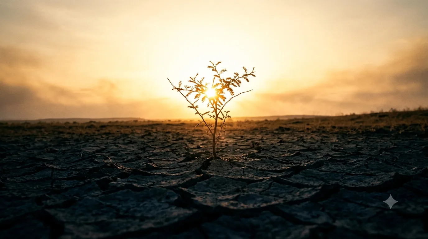 A young acacia sapling in cracked earth, sun starburst behind it.