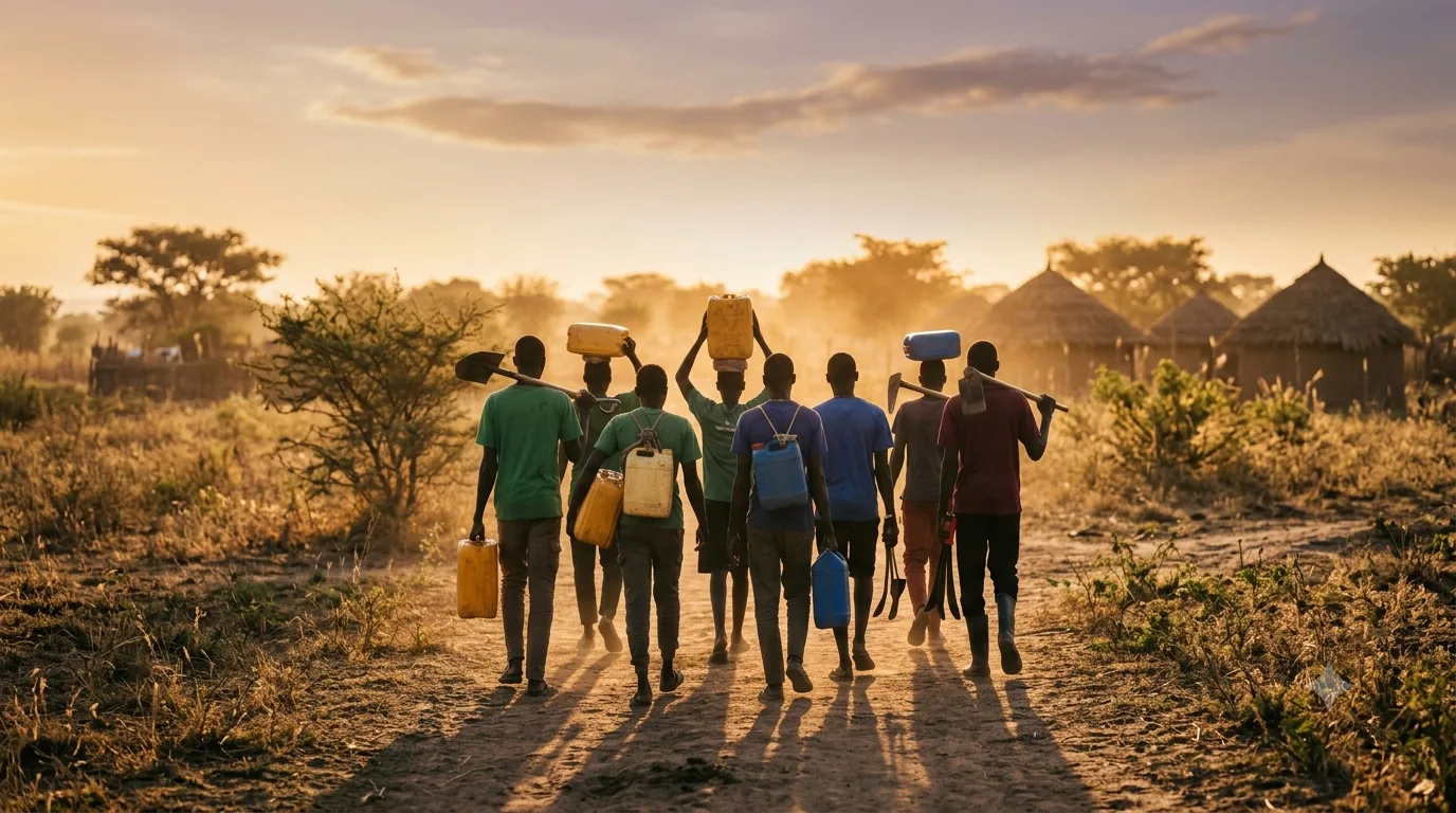 Young volunteers walking a dirt path at golden hour, seen from behind.
