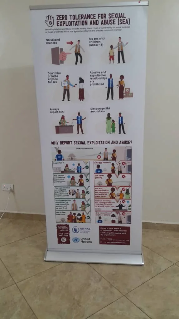 A "Zero Tolerance for Sexual Exploitation and Abuse (SEA)" banner explaining the rules and why reporting matters.