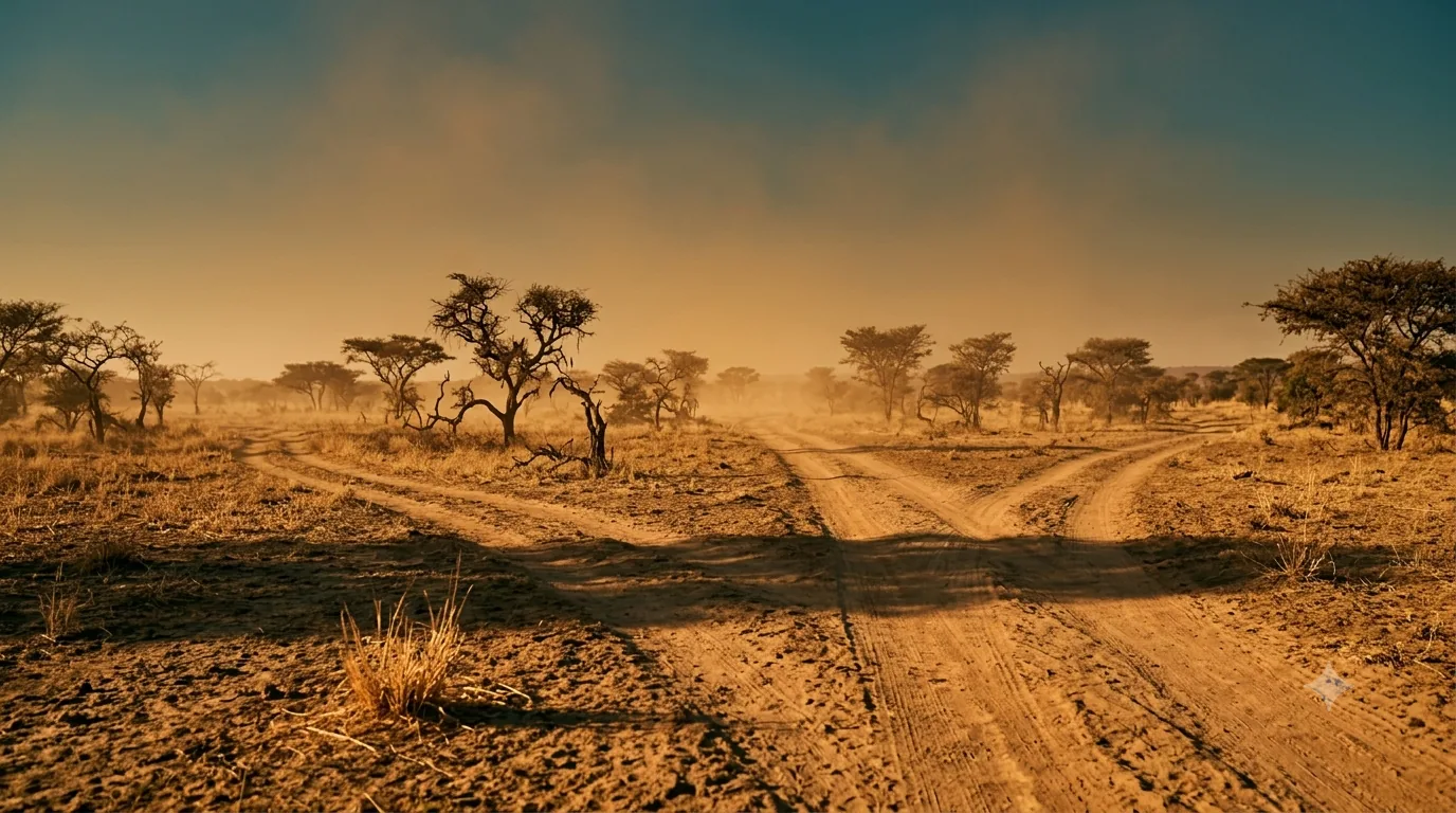 Two savannah paths converging into one at golden hour.