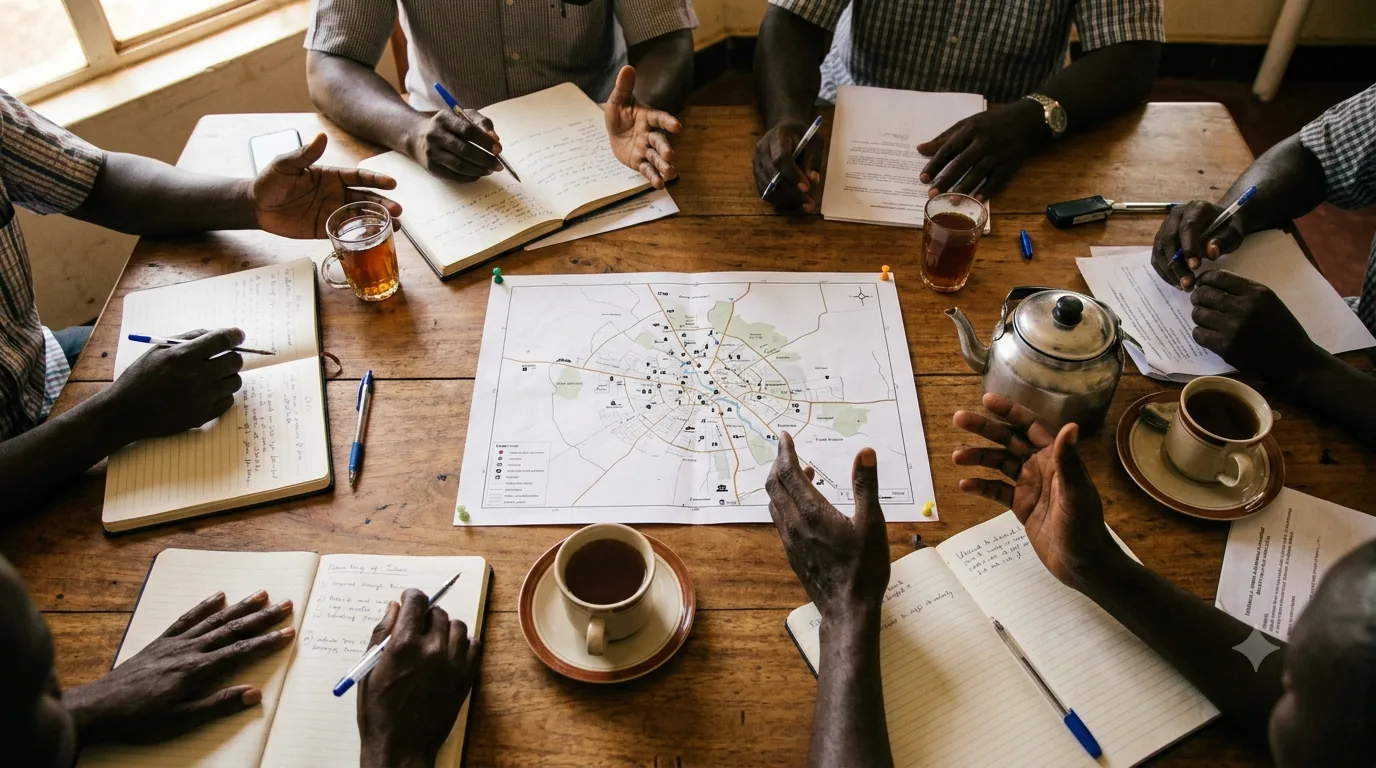 A coordination meeting table seen from above — notebooks, a map, hands mid-gesture.