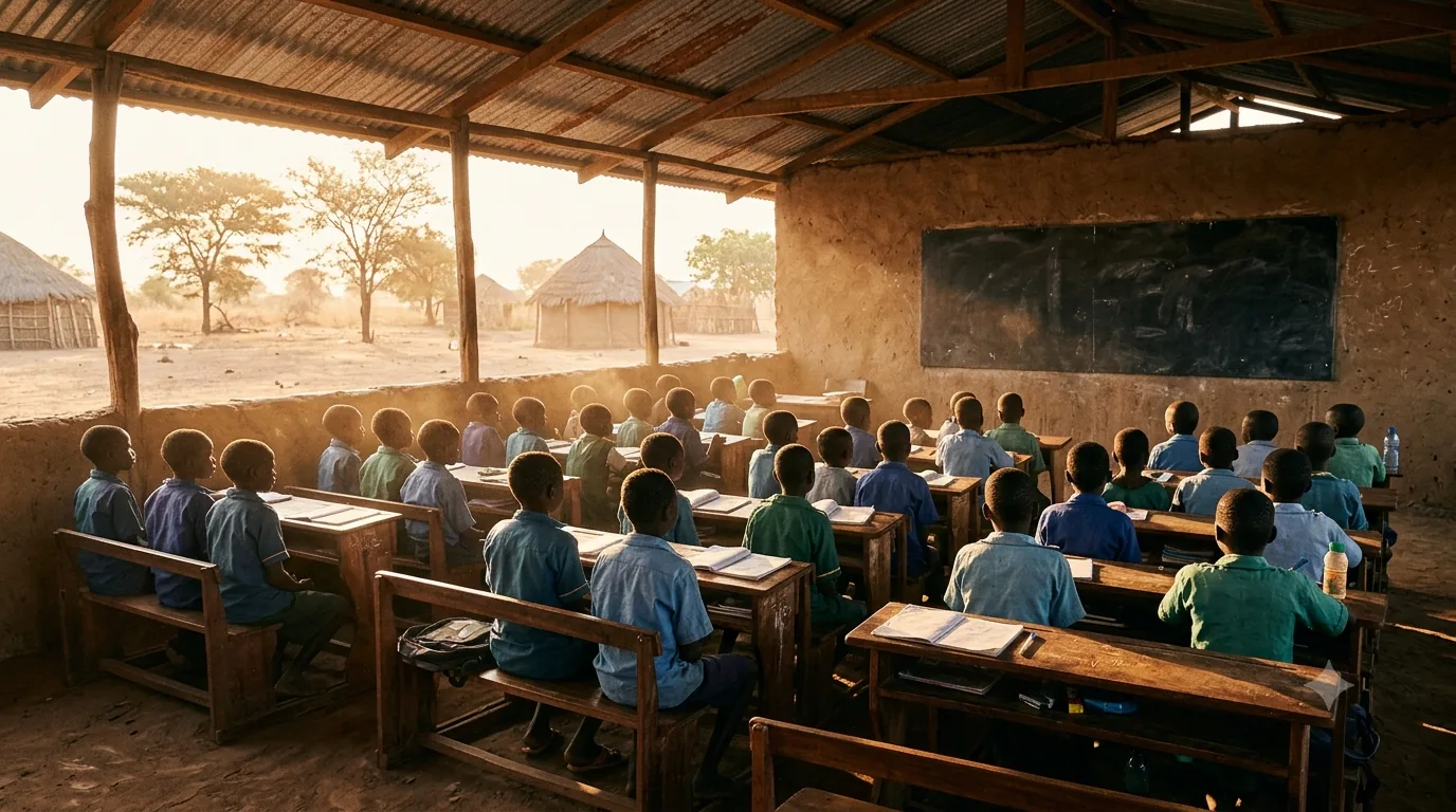 Children at desks in an open-sided classroom, seen from the back of the room.