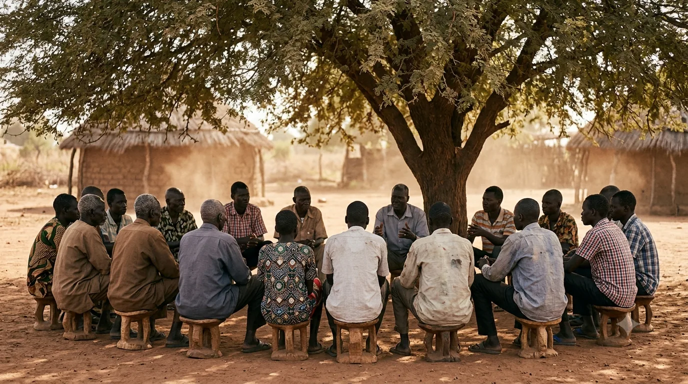 Elders and youth seated in a circle under a tree, mid-discussion.