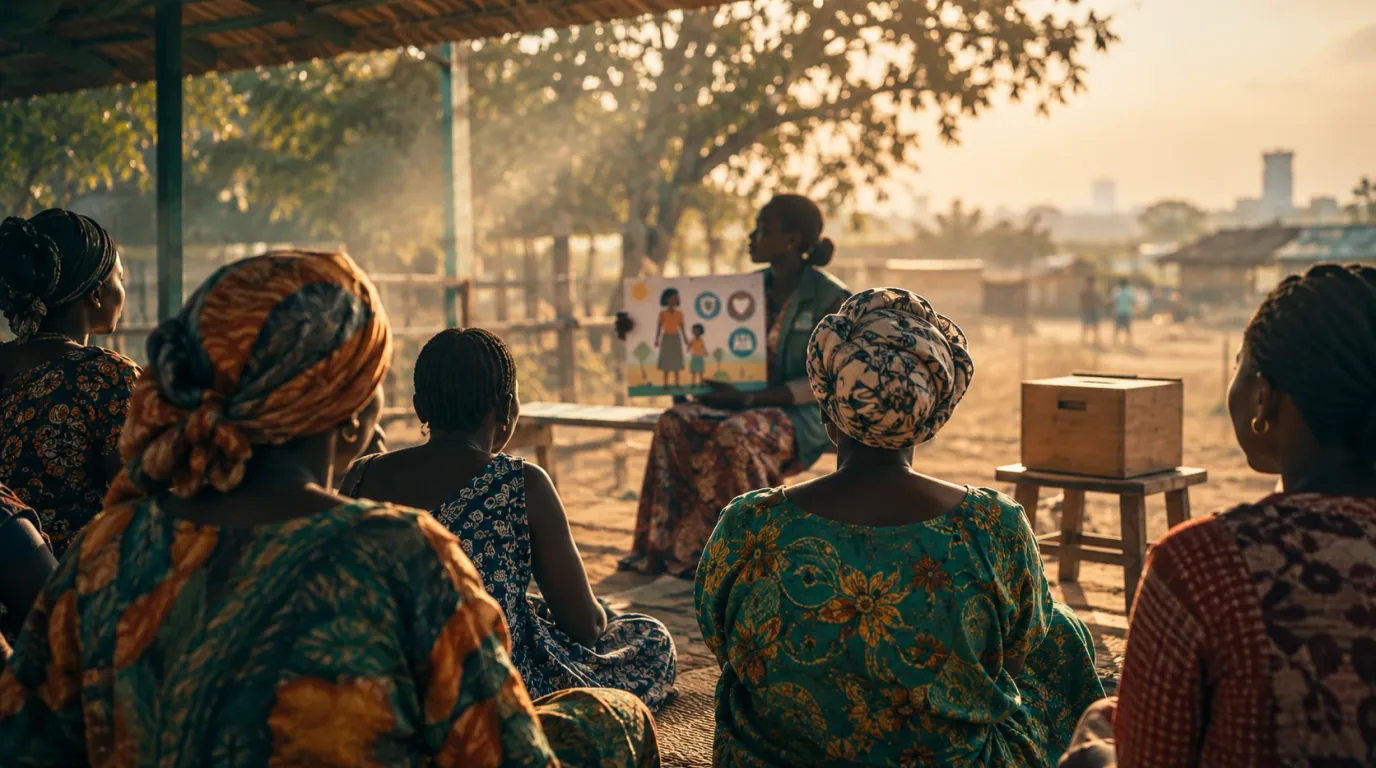Women seated in a shaded community shelter, listening to a facilitator during an awareness session.