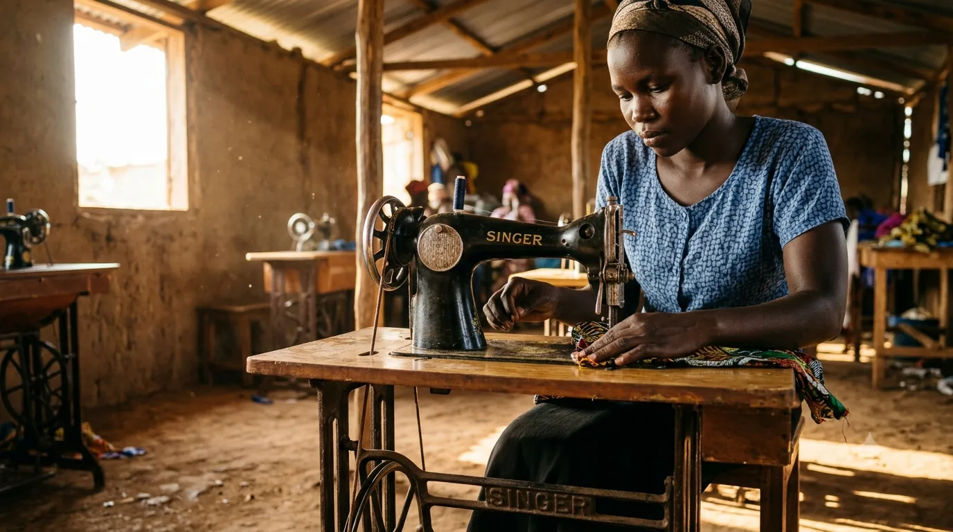 A young woman working at a treadle sewing machine in an open workshop.