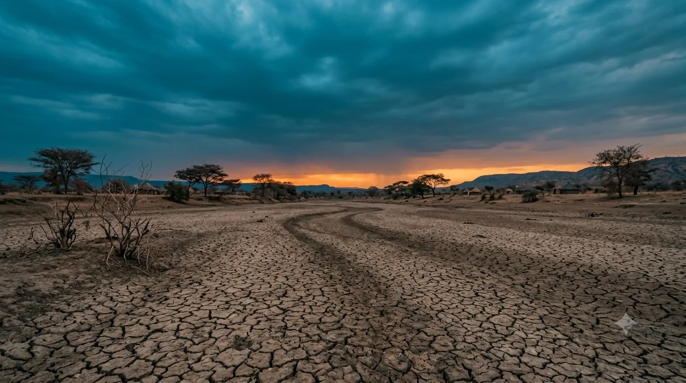 A cracked dry riverbed curving toward a storm-lit horizon.