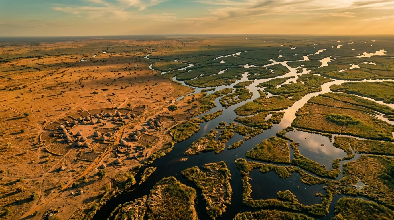 Aerial view where dry savannah meets floodplain at golden hour.